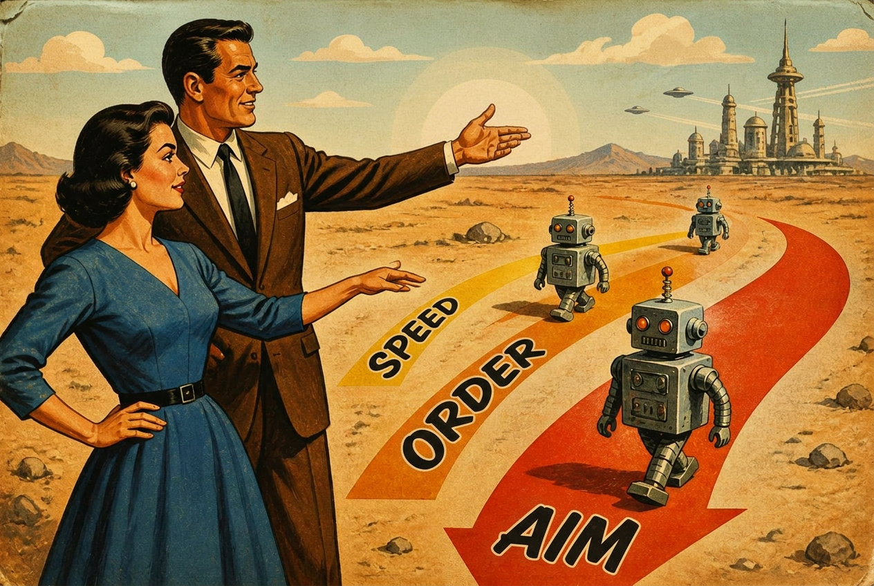 Vintage illustration: two leaders directing a path of robots